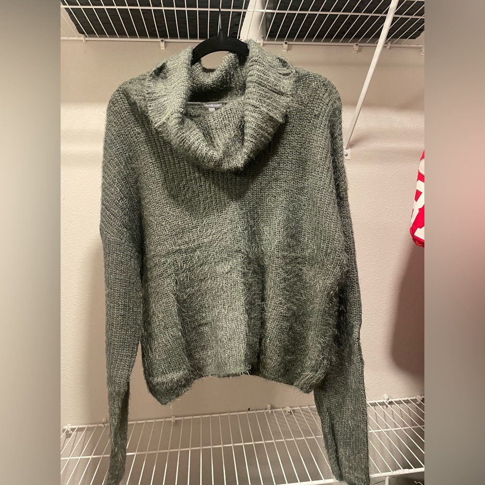 cropped shaggy green cowl neck sweater